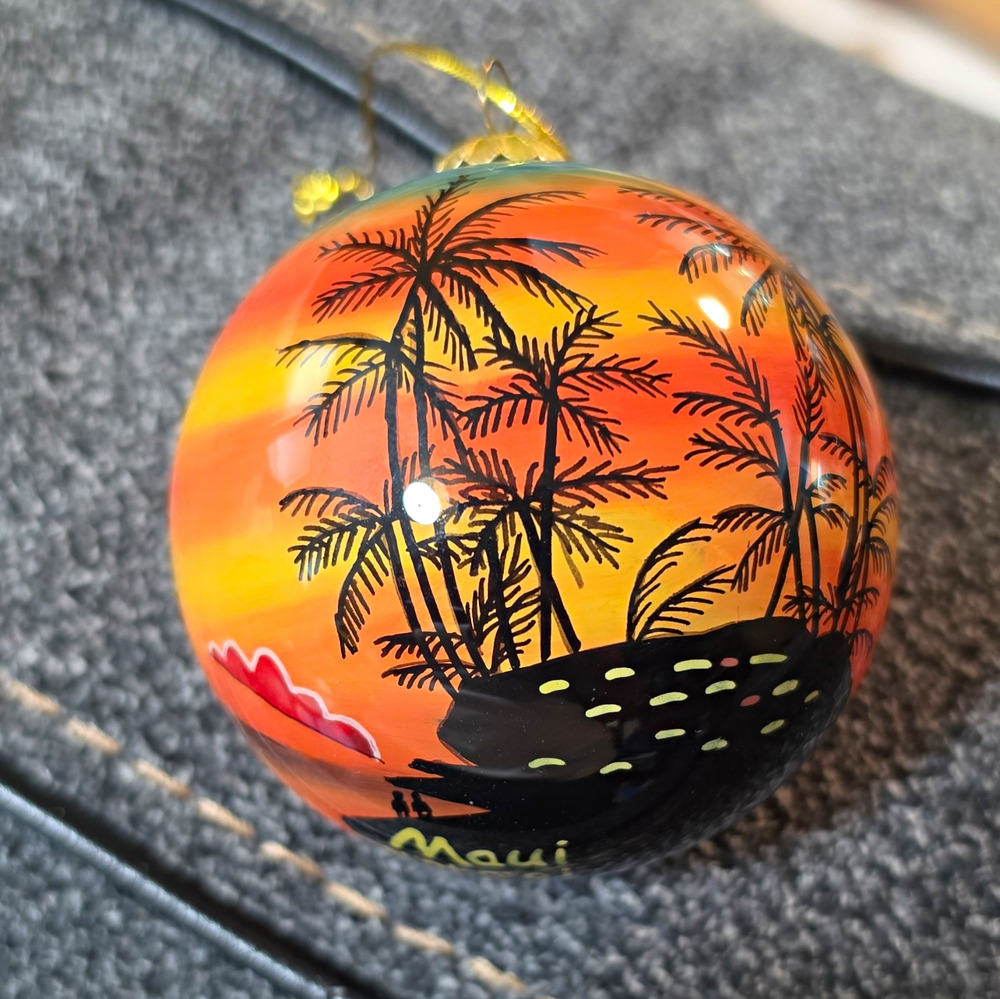 Maui Hawaii Hand-Painted Sunset Palm Tree Hanging Ball Christmas Ornament 3"